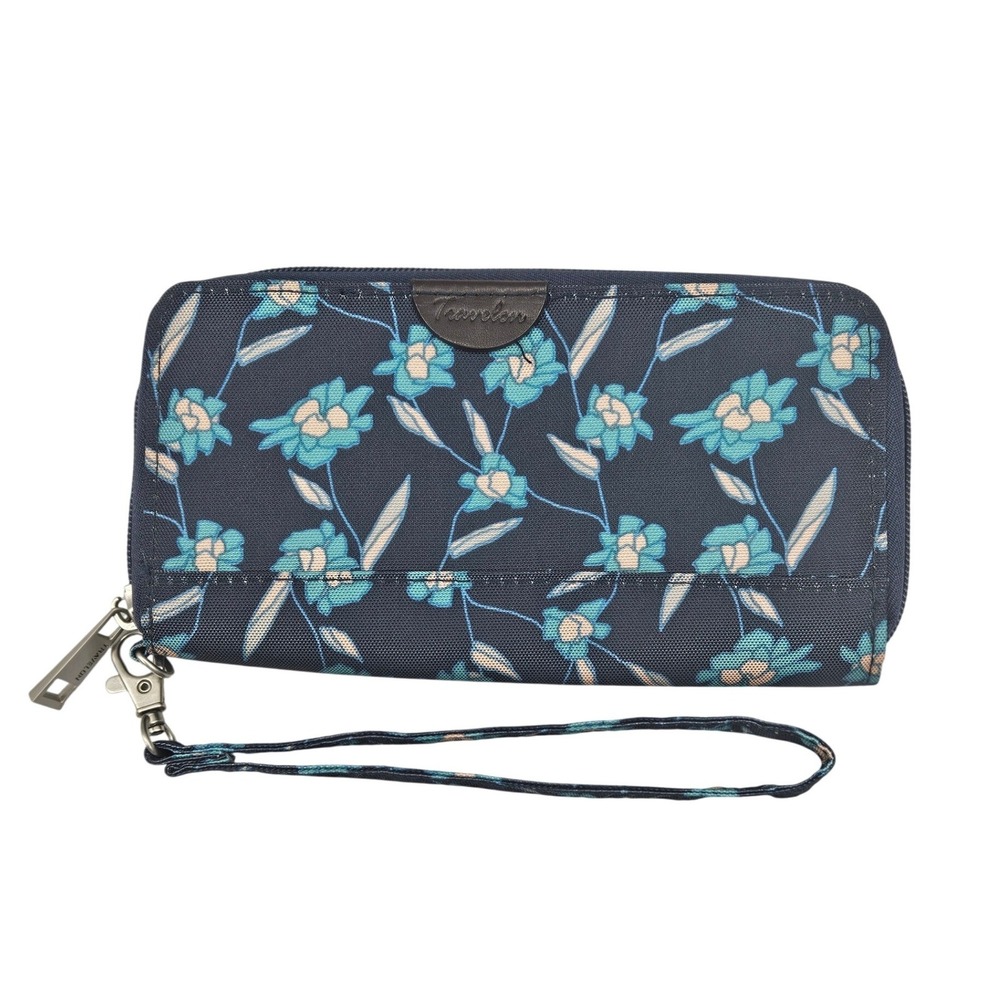 Travelon Navy Floral Canvas Zip Around Wristlet Wallet Organizer Teal Interior